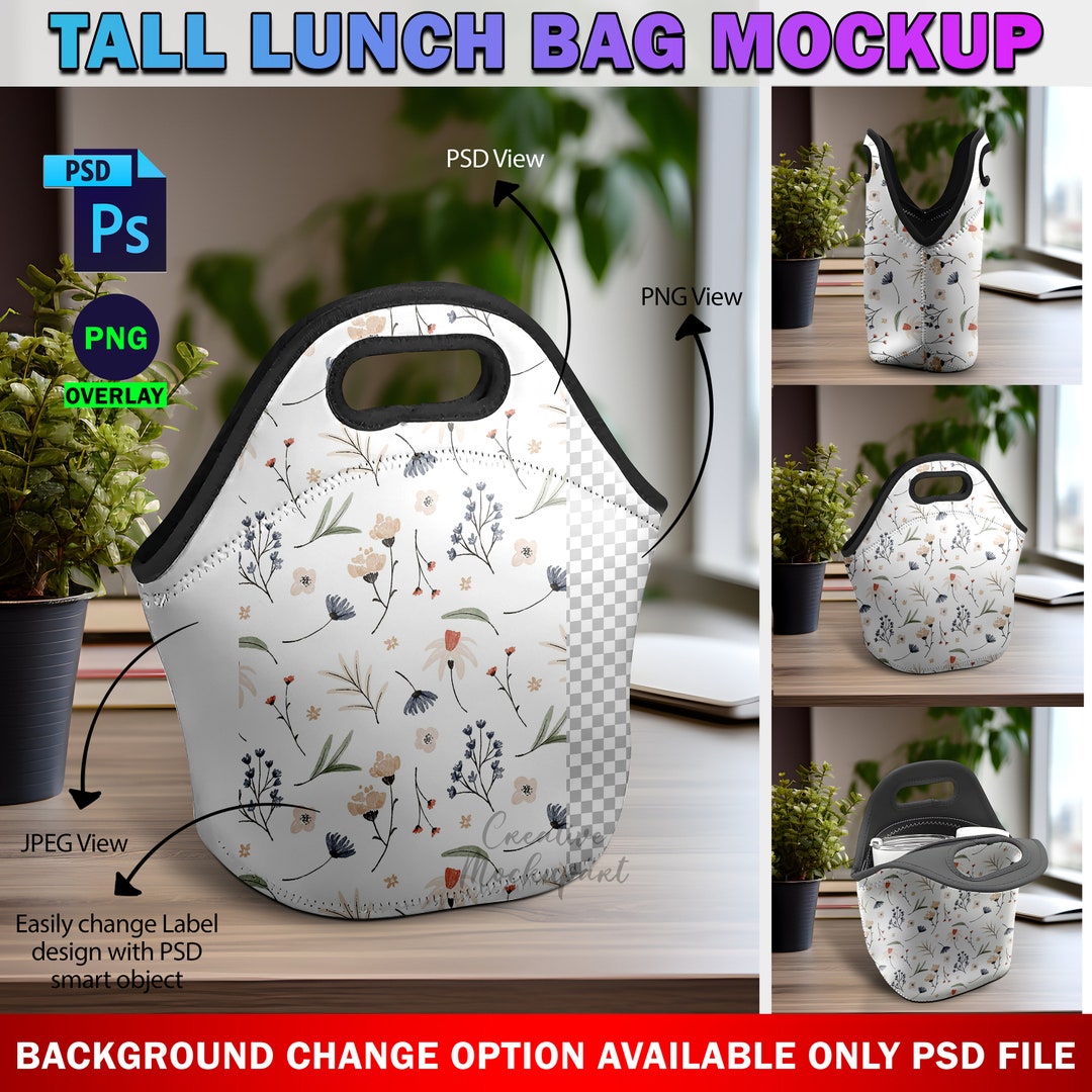 DYE Sublimation Double Sided Tall Lunch Bag Mockup, Neoprene Lunch Bag