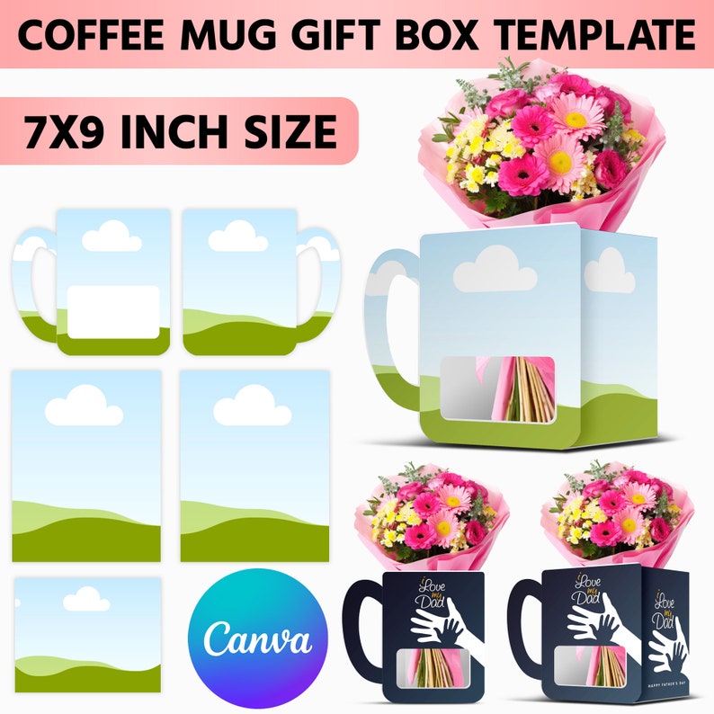 Puede incluir: Una plantilla imprimible para una caja de regalo de taza de caf&eacute;. La plantilla incluye una forma de taza con una ventana para un ramo de flores. La plantilla mide 17,8 cm por 22,9 cm y est&aacute; dise&ntilde;ada para ser utilizada con Canva.
