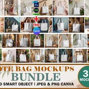 May include: A set of 30 tote bag mockups in various settings. The mockups are in PSD smart object format and JPEG and PNG Canva files. The mockups feature a white tote bag with a blank canvas for customization.