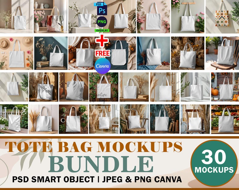 May include: A set of 30 tote bag mockups in various settings. The mockups are in PSD smart object format and JPEG and PNG Canva files. The mockups feature a white tote bag with a blank canvas for customization.