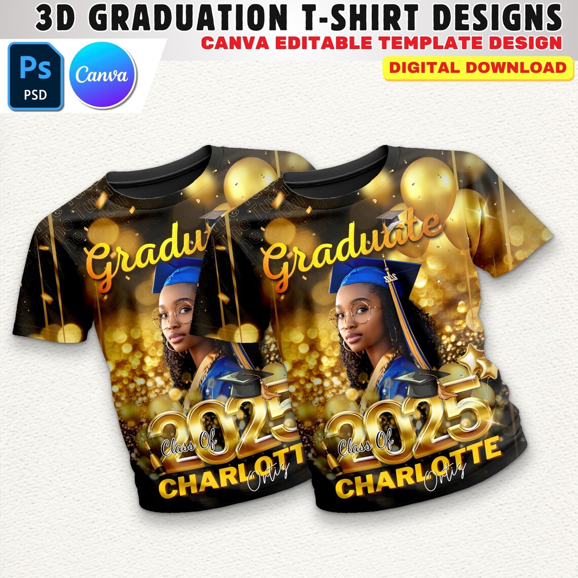 Graduation 3d Gold Graduation 3D Shirt Design, Gold & Black T-shirt Design Template, 32x27 ...