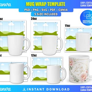 Może przedstawiać: Zestaw szablonów do owijania kubków w pięciu rozmiarach: 32oz, 24oz, 15oz, 12oz i 11oz. Szablony przedstawiają niebieskie niebo z białymi chmurami i zielonymi wzgórzami. Pokazano biały kubek z kwiatowym wzorem A Gift For You.