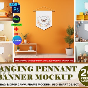 Könnte beinhalten: Mockup einer hängenden Wimpel-Banner mit einem Schmetterlingsdesign. Das Banner hängt an einer Wand in einem Raum mit einem Regal und einer Pflanze. Der Hintergrund ist orange. Der Text auf dem Banner lautet "Beauties of the World".