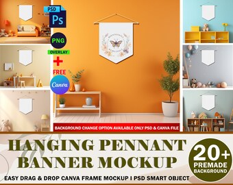 Pennant Banner Sublimation Mockup, Hanging Pennant Flag Mockup (20 Pre-Made Background Included), Insert Design Via Smart Canva Frame & PSD