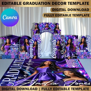 Custom Graduation Decor Canva Template Bundle, Name Cutout, Purple/Blue Grad Entrance Arch, Magazine Backdrop, Hat Arch Wall, Floor Wrap Set