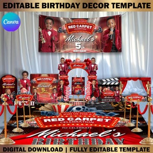 9x Custom Red Carpet Theme Birthday Decor Canva Template Bundle, Name Cutout, Backdrop, Arch Entrance, Entry Sign, Floor Wrap Decor Set