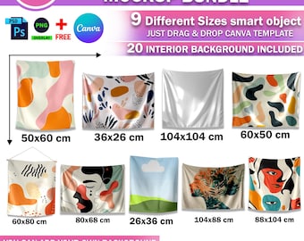 20x Tapestries Mockup Bundle, All Popular Size Wall Flag Mockup in Vertical & Horizontal, 88x104, 50X60, 80X68, 60X50, 26x36 Tapestries PSD