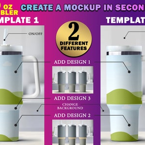 2 Separated Canva Frames Full Wrap 40oz Tumbler With Handle Mockup For Dye Sublimation| Change Background | Drag and Drop To Add Design