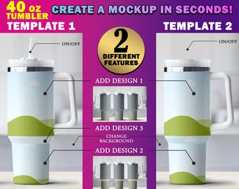 2 Getrennte Canva Frames Full Wrap 40 Unzen Becher mit Griff Mockup für Dye Sublimation | Hintergrund ändern | Ziehen Sie es, um Design hinzuzufügen