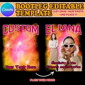 May include: Editable template with a pink and yellow lightning bolt background. The text "CUSTOM" is at the top of the left side of the template. The text "Your Text Here" is at the bottom of the left side of the template. The text "ELIANA" is at the top of the right side of the template. The text "Simplicity is the ultimate sophistication" is at the bottom of the right side of the template. A photo of a woman is in the right side of the template. The text "PLACE YOUR PHOTO" is at the bottom of the template.