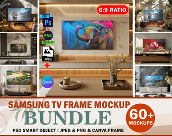 60 TV Frame Mockup Bundle, 6:9 Ratio TV Mockup Bundle, Brand Tv Frame Landscape Mockup, Insert Your Own Design Via Smart Canva Frame And PSD