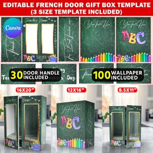 Puede incluir: Plantilla de caja de regalo de doble puerta francesa editable para profesores. La plantilla presenta un diseño de pizarra con lápices de colores, letras ABC y el texto "Semana de Apreciación del Maestro". La plantilla está disponible en tres tamaños: 40,6 x 50,8 cm, 30,5 x 40,6 cm y 21,6 x 27,9 cm.