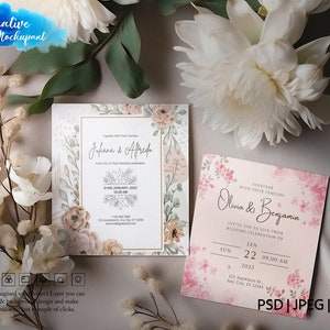 Modern neutraal 5x5 inch Boho-kaartmodel | Vierkant kaartmodel | 5X5 minimale uitnodigen mock-up | Boho bruiloft stationair mockup | PSD, PNG-JPG