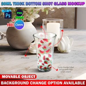 Dye Sublimation 20ml Thick Bottom Shot Glass Mockup, Tequila Glass, Mini Drink Glass Mockup, Insert Design & Background Via PSD, Canva Frame