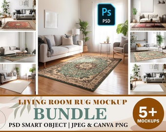 5 Living Room Rug Mockup Bundle | Area Rug Mockup | Room Carpet Mockup | Rectangular Rug | Insert Design Via Photoshop PSD, Canva PNG & JPG