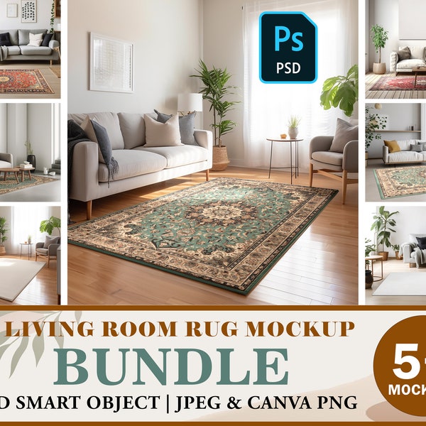 5 Living Room Rug Mockup Bundle | Area Rug Mockup | Room Carpet Mockup | Rectangular Rug | Insert Design Via Photoshop PSD, Canva PNG & JPG