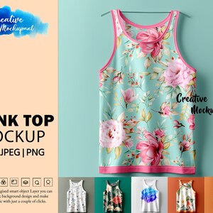 K&ouml;nnte beinhalten: Ein Mockup eines Tanktops mit einem Blumenmuster. Das Tanktop h&auml;ngt an einem Kleiderb&uuml;gel vor einem hellblauen Hintergrund. Das Tanktop ist wei&szlig; mit einem rosafarbenen Blumenmuster. Das Tanktop hat einen rosafarbenen Besatz an Ausschnitt und Arml&ouml;chern. Das Tanktop ist ein Mockup f&uuml;r ein Designprojekt.