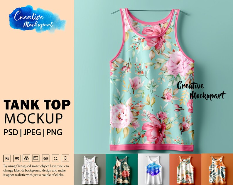 K&ouml;nnte beinhalten: Ein Mockup eines Tanktops mit einem Blumenmuster. Das Tanktop h&auml;ngt an einem Kleiderb&uuml;gel vor einem hellblauen Hintergrund. Das Tanktop ist wei&szlig; mit einem rosafarbenen Blumenmuster. Das Tanktop hat einen rosafarbenen Besatz an Ausschnitt und Arml&ouml;chern. Das Tanktop ist ein Mockup f&uuml;r ein Designprojekt.