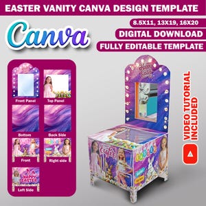 Plantilla Canva para caja de regalo de tocador de Pascua, caja de regalo de canasta de Pascua con tablero de espuma, bolsa de regalo de lujo, caja de mesa de maquillaje de regalo de cumpleaños DIY editable Canva