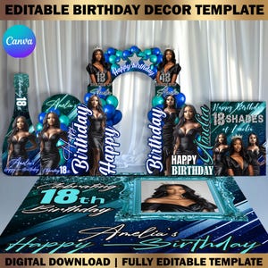 Custom Shape Birthday Decor Canva Template Bundle, Name Cutout, Teal Birthday Arch, Magazine Backdrop, Arch Entrance, Floor Wrap Decor Set