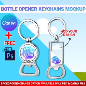May include: Two silver bottle opener keychains with a round and rectangular design. The round keychain has a watercolor design with the text "Place Your Design" and "Creative Mockupart". The rectangular keychain has a watercolor design with the text "Place Your Design". Both keychains have a silver ring for attaching to keys.