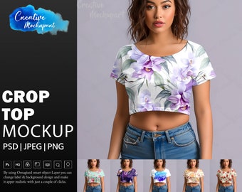 Mockup di top corto / Mockup di maglietta corta da donna / Mockup di top corto con stampa su tutta la superficie / Inserisci design tramite oggetto PSD intelligente di Photoshop, Canva Png e Jpg