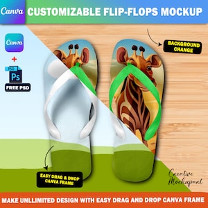 Canva Flip-Flops Mockup, Slider Sandal Mockup For Sublimation, Insert Design & Background Via Photoshop PSD And Drag And Drop Canva Frame