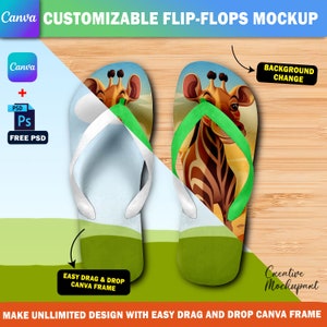 Canva Flip-Flops Mockup, Slider Sandal Mockup For Sublimation, Insert Design & Background Via Photoshop PSD And Drag And Drop Canva Frame