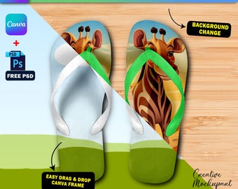 Canva Flip-Flops Mockup, Slider Sandal Mockup For Sublimation, Insert Design & Background Via Photoshop PSD And Drag And Drop Canva Frame