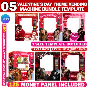 Valentine’s Day Vending Machine Template Bundle, 8x10, 12x16, 16x20 Editable Valentine’s Day Canva Template Free Money Panel PNG, Background