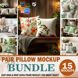 Puede incluir: Un conjunto de 15 maquetas de almohadas con diferentes patrones florales. Las maquetas se muestran en una variedad de superficies, incluyendo un banco de madera, un sofá y una cama. Las maquetas son fáciles de usar y se pueden personalizar con tus propios diseños.