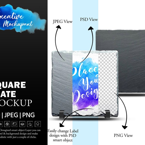 Square Slate Mockup Front & Back Blank Photo Rock Slate, Sublimation Slate Blank, Add your own image and background, Canva PNG file