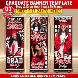May include: A set of three graduation banner templates with a red and black color scheme. Each banner features a photo of a graduate, the year 2026, and the words "GRAD Party." The banners are 24x72 inches in size and are 100% editable.