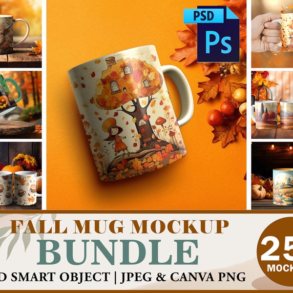 25+ Fall Mug Mockup Bundle | Autumn Mug Mock Up Bundle, 12oz White Mug Mockup| 10+ Pre-Made Background Scene Included| Insert Design Via PSD