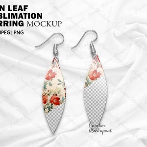 Thin Leaf Sublimation Earring Mockup | White/Transparent - Leaf sublimation earring, Add your own design Via Photoshop Smart PSD & Canva PNG