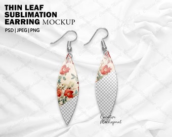 Thin Leaf Sublimation Earring Mockup | White/Transparent - Leaf sublimation earring, Add your own design Via Photoshop Smart PSD & Canva PNG