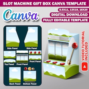 Plantilla de Canva para caja de regalo de máquina tragamonedas, caja de regalo moderna de cartón pluma, bolsa de regalo de lujo editable, caja de regalo DIY para cumpleaños, Día del Padre, caja de juego