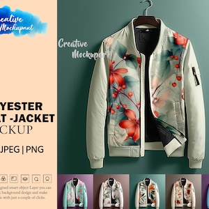 Polyester Coat Jacket Mockup | Bomber Jacket Mockup | Change Background, Add Your Own Design Via Photoshop Smart PSD Object, Canva PNG & JPG