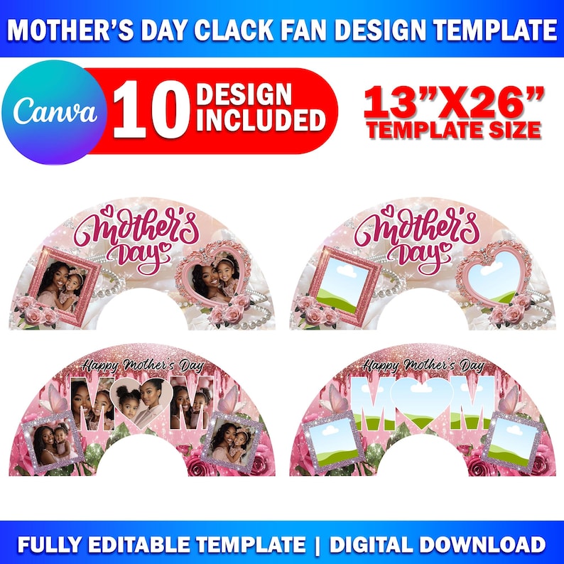 Peut inclure: Dix mod&egrave;les imprimables de claquettes pour la f&ecirc;te des m&egrave;res. Chaque mod&egrave;le pr&eacute;sente un th&egrave;me de couleur rose et blanc avec un c&oelig;ur, des fleurs et un cadre photo. Les mod&egrave;les mesurent 13 pouces par 26 pouces.