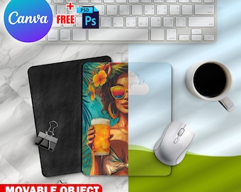 Canva Dye Sublimation Rektangulär Musmatta Mockup, Mus Skrivbordsunderlägg Mockup, Infoga Design & Bakgrund via Canva Ram och PSD