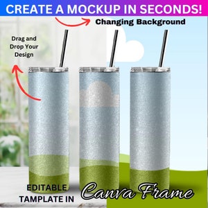 Canva 20oz Skinny Glitter Tumbler Full Wrap View Mockup For Dye Sublimation | Drag & Drop To Change Background And Design| Blank 20oz Mockup