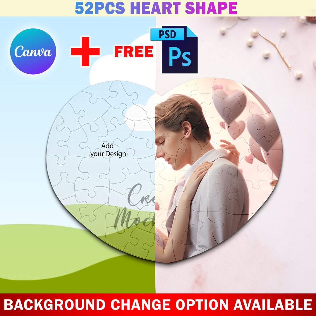 Canva 52 Piece Heart Shape Puzzle Mockup, Jigsaw Puzzle Template for