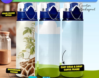 Canva 750ml Aluminum Sports Water Bottle With Pop Lid Mockup For Sublimation, Insert Design & Background Via Smart Canva Frame Photoshop PSD
