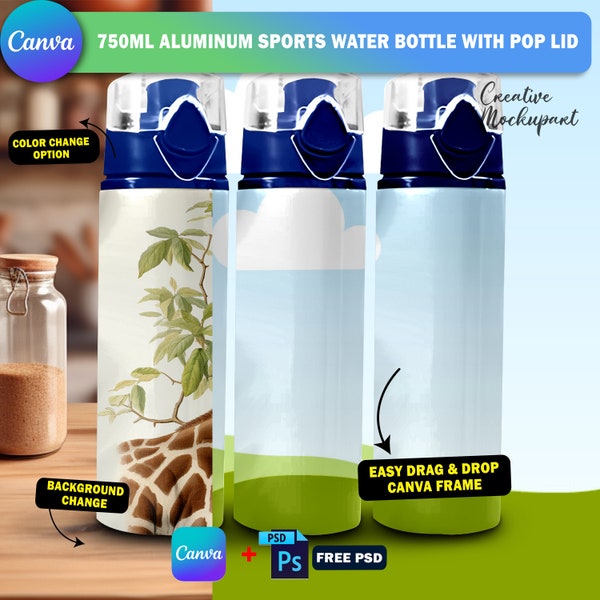 Canva 750ml Aluminum Sports Water Bottle With Pop Lid Mockup For Sublimation, Insert Design & Background Via Smart Canva Frame Photoshop PSD