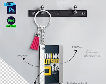 Farbsublimations-Rechteck-Schlüsselanhänger PSD-Mockup Fügen Sie Ihr eigenes Design über PSD ein, Canva-Png-Vorlage | POD Printify Schlüsselanhänger-Mockup