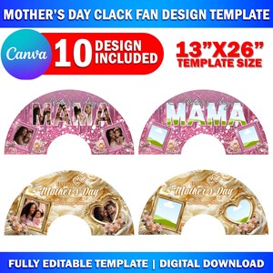 Peut inclure: Dix mod&egrave;les imprimables de claquettes pour la f&ecirc;te des m&egrave;res. Chaque mod&egrave;le pr&eacute;sente un th&egrave;me de couleur rose et or avec un cadre photo et le texte "Mama" ou "Joyeuse f&ecirc;te des m&egrave;res". Les &eacute;ventails mesurent 33 cm sur 66 cm.