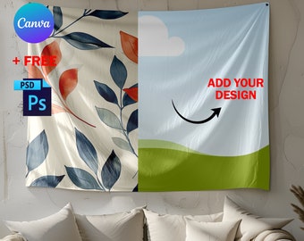 Canva & PSD Tapestry Mockup, Wall Flag Mockup, Boho Tapestry Mockup, Transparent PNG, Photoshop PSD, Canva Frame Tapestry Diversified Pack