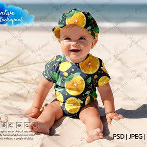 May include: A baby wearing a blue and yellow bodysuit with a lemon print and a matching yellow hat. The baby is sitting on a sandy beach.