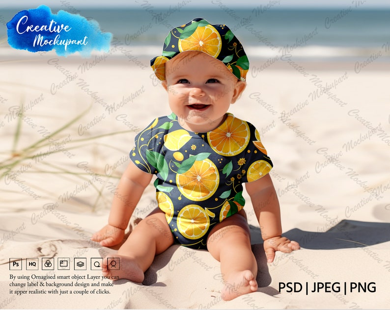 May include: A baby wearing a blue and yellow bodysuit with a lemon print and a matching yellow hat. The baby is sitting on a sandy beach.