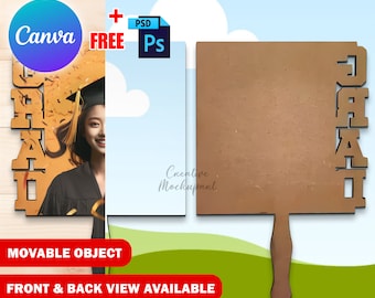 Dye Sublimation Canva Graduation Paddle Fan Mockup, MDF-Kirche, Gedenk-Paddel-Fan-Vorlage, Insert-Design & Hintergrund-Canva-Rahmen und PSD